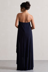 Navy Ruched Bandeau Midi Dress With Cape